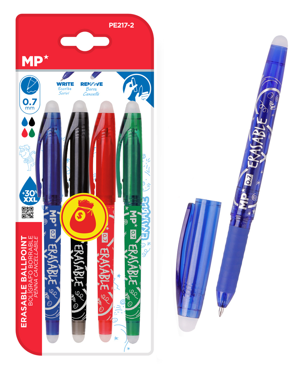 MP σετ στυλό διαρκείας PE217-2, erasable, 0.7mm, μπλε/μαύρο/πράσινο/κόκκινο, 4τμχ