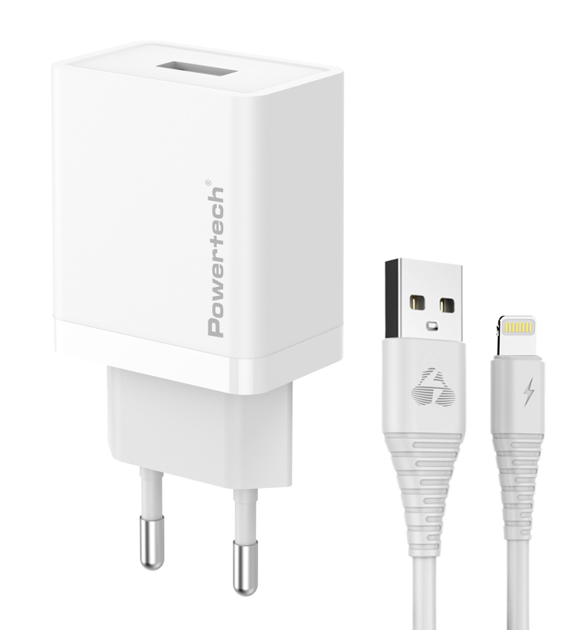 POWERTECH φορτιστής τοίχου PT-1322 με καλώδιο USB-C, USB, 12W, λευκός