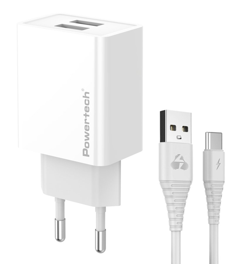 POWERTECH φορτιστής τοίχου PT-1323 με καλώδιο Lightning, USB, 12W, λευκός