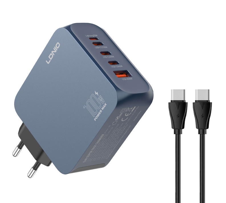 LDNIO φορτιστής τοίχου Q8 με καλώδιο USB-C, USB/Lightning/3x USB-C, GaN, 100W, μπλε