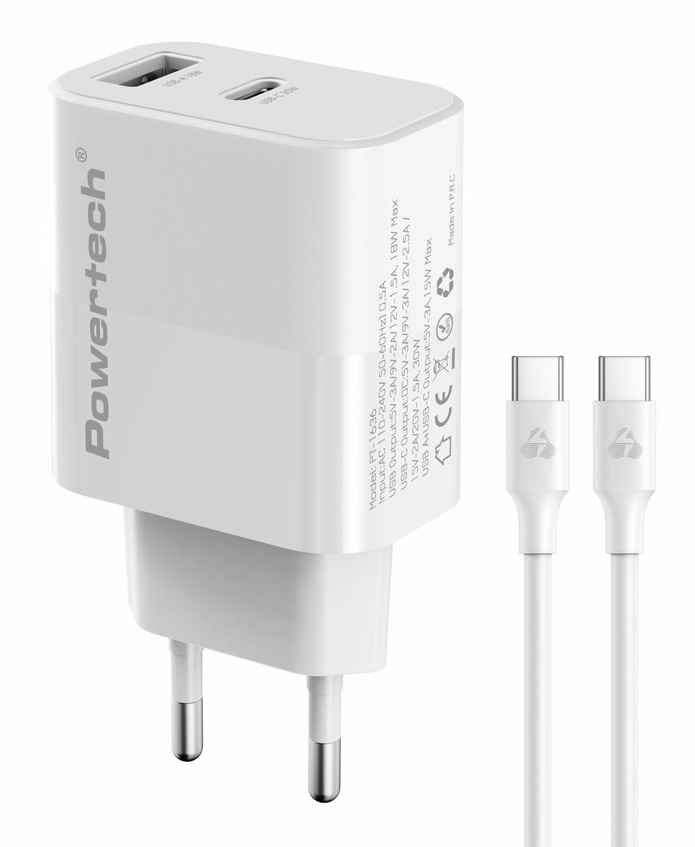 POWERTECH φορτιστής τοίχου PT-1636 με καλώδιο, USB/USB-C, 30W, GaN, λευκός