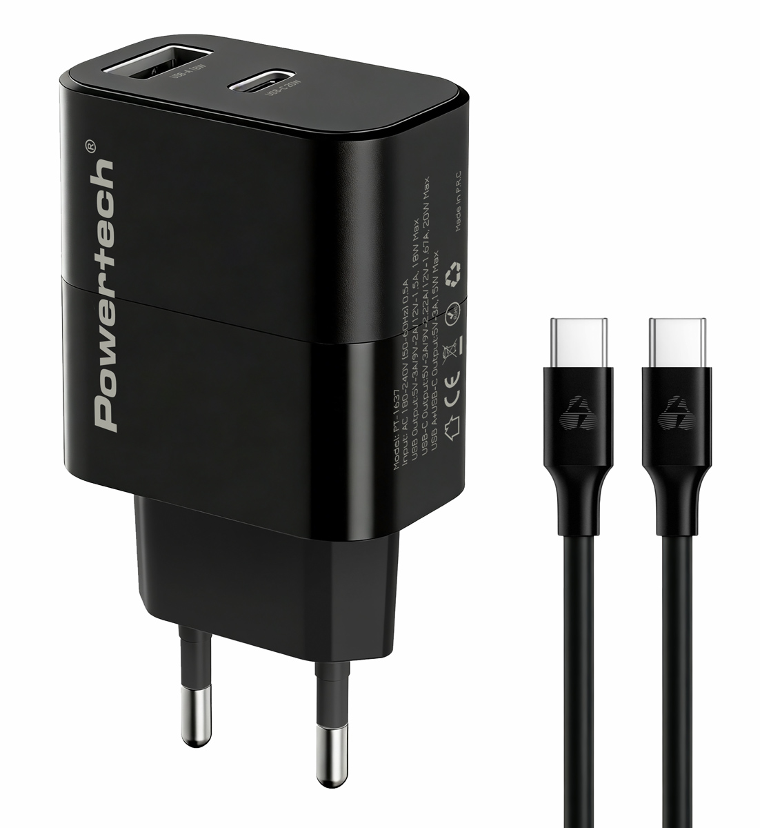POWERTECH φορτιστής τοίχου PT-1637 με καλώδιο, USB/USB-C, 20W, μαύρος