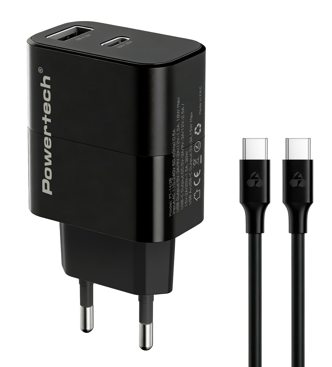 POWERTECH φορτιστής τοίχου PT-1638 με καλώδιο, USB/USB-C, 30W, GaN, μαύρος