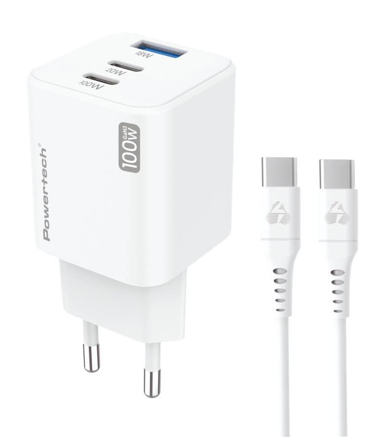 POWERTECH μίνι φορτιστής τοίχου PT-1671 με καλώδιο, USB/2x USB-C, 100W, GaN, λευκός