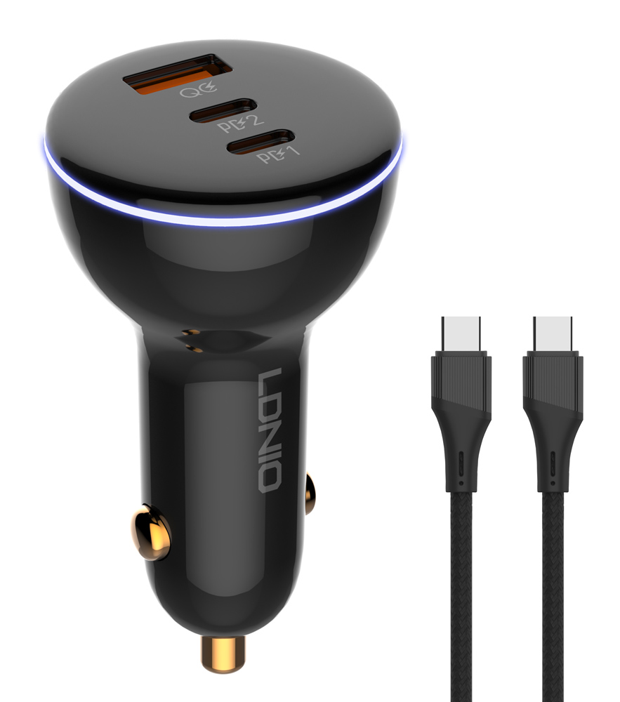 LDNIO φορτιστής τοίχου Q366 με καλώδιο, USB/2x USB-C, 65W, GaN, μαύρος