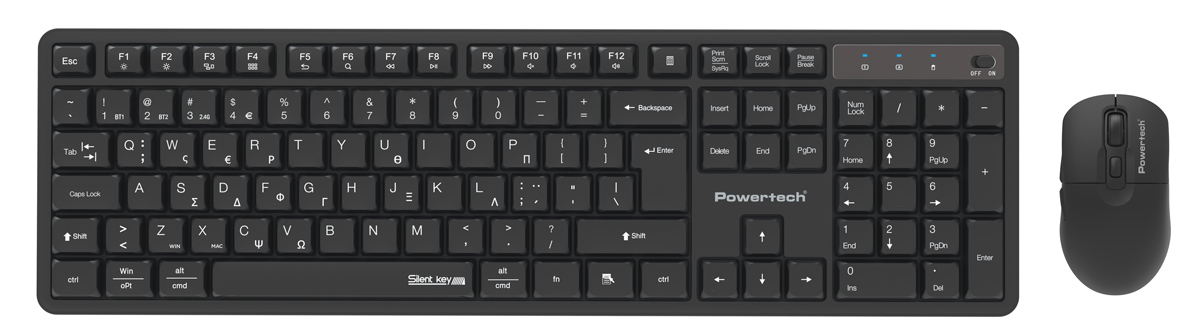 POWERTECH set ασύρματο ποντίκι & πληκτρολόγιο PT-1540, 2.4GHz & Bluetooth, αθόρυβο, μαύρο