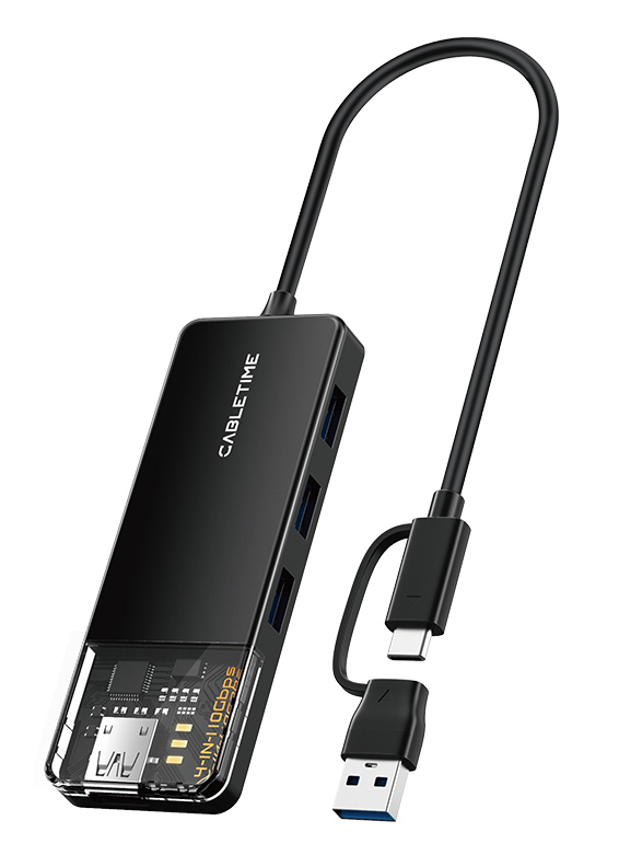 CABLETIME USB hub CT-HUBT5-PB, 4x θυρών, 10Gbps, USB/USB-C σύνδεση, μαύρο