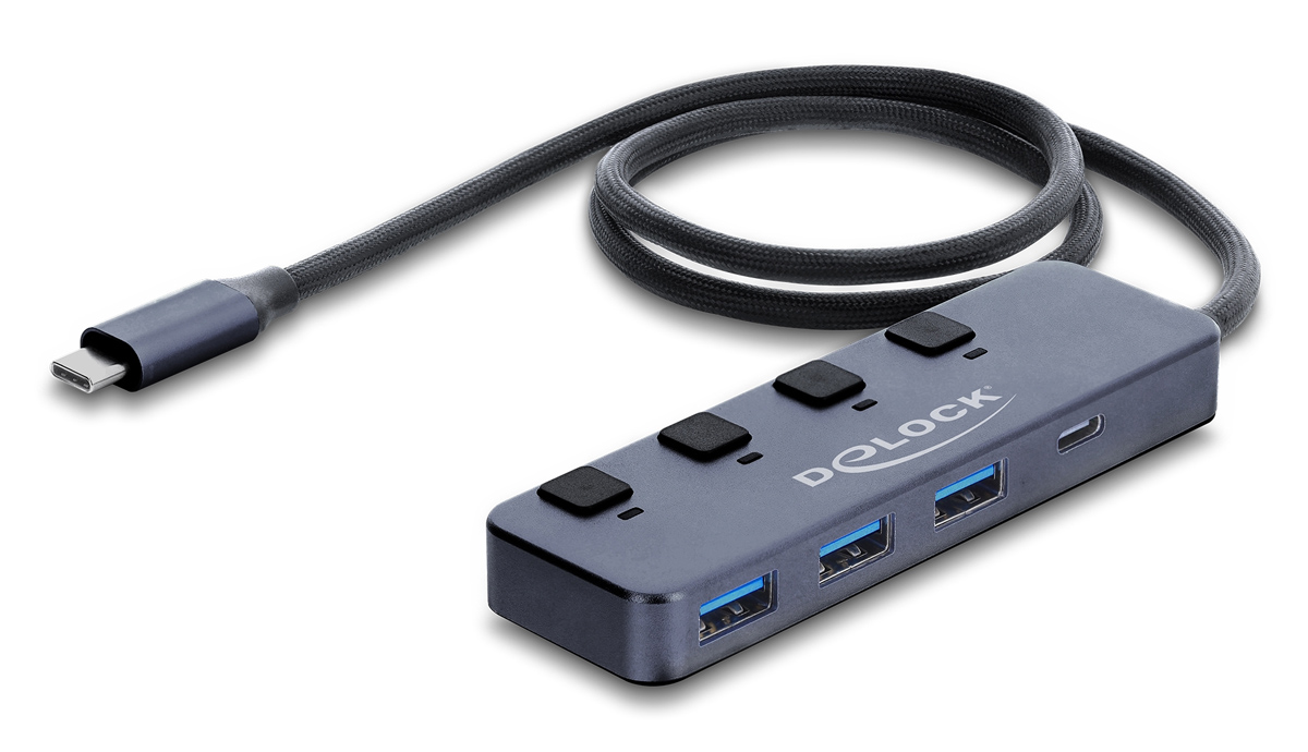 DELOCK USB-C hub 64384 με διακόπτες, 4x θυρών, 10Gbps, USB-C σύνδεση, γκρι