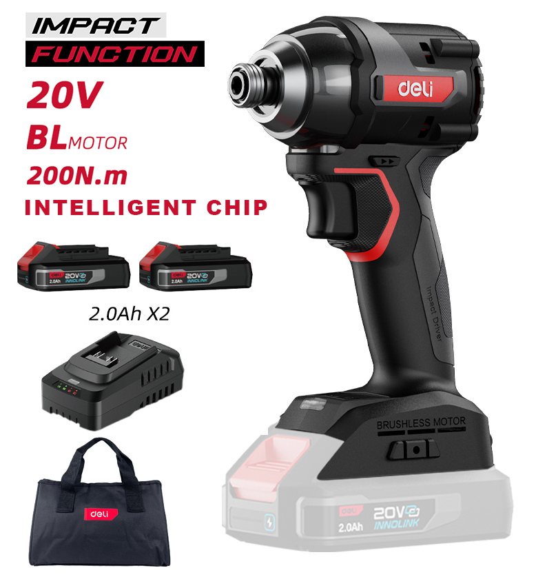 DELI παλμικό κατσαβίδι μπαταρίας DE-QZ20-1D2, Brushless, 20V, 2x 2Ah, 200N.m