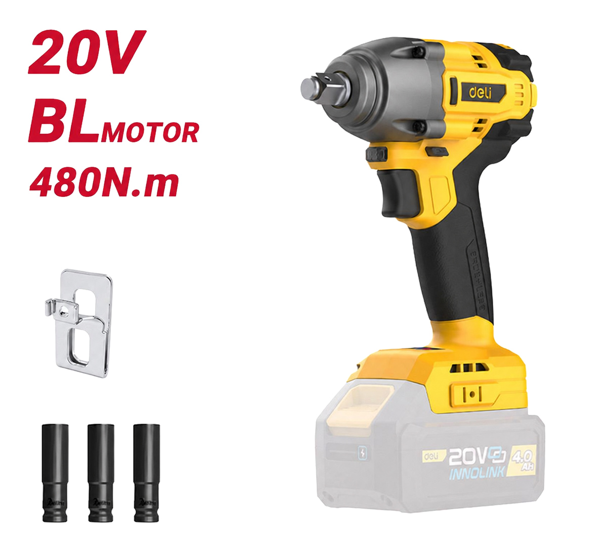 DELI κρουστικό μπουλονόκλειδο μπαταρίας DC235Z, Brushless, 20V, 480N.m, 1/2