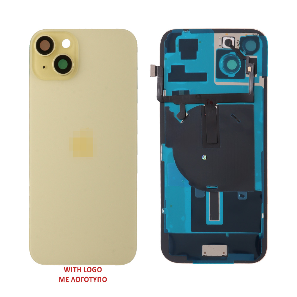 FOR IPHONE 15 BATTERY COVER + CAMERA LENS + METAL PLATE + FLASHLIGHT + CHARGING FLEX + NFC YELLOW