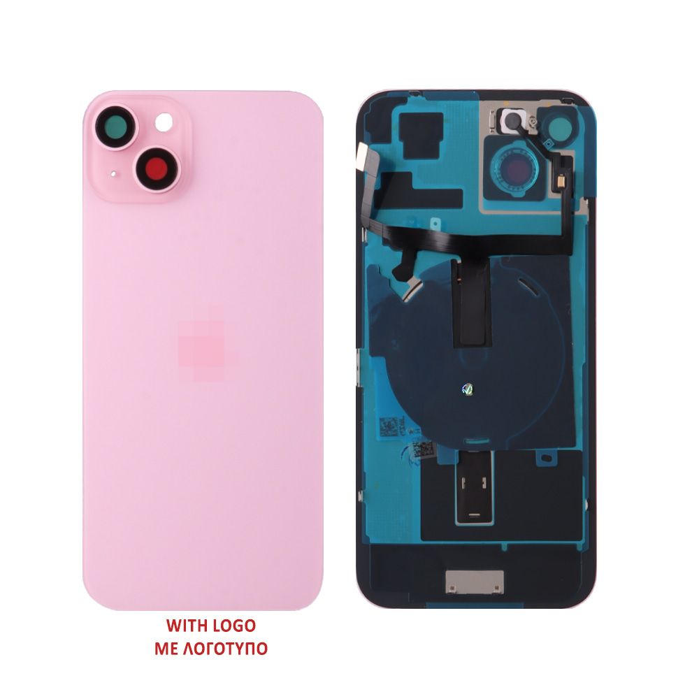 FOR IPHONE 15 BATTERY COVER + CAMERA LENS + METAL PLATE + FLASHLIGHT + CHARGING FLEX + NFC PINK