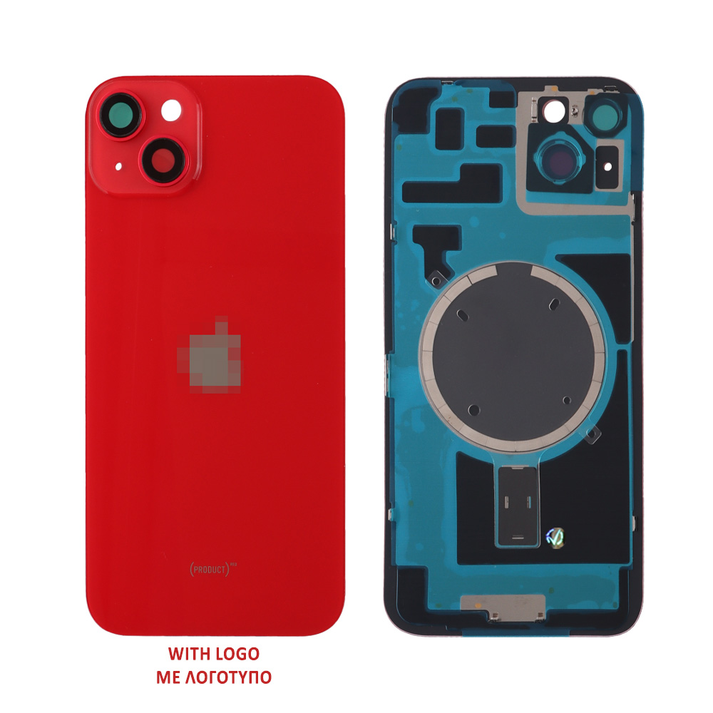 FOR IPHONE 14 PLUS BATTERY COVER + CAMERA LENS + METAL PLATE + MAGSAFE RED