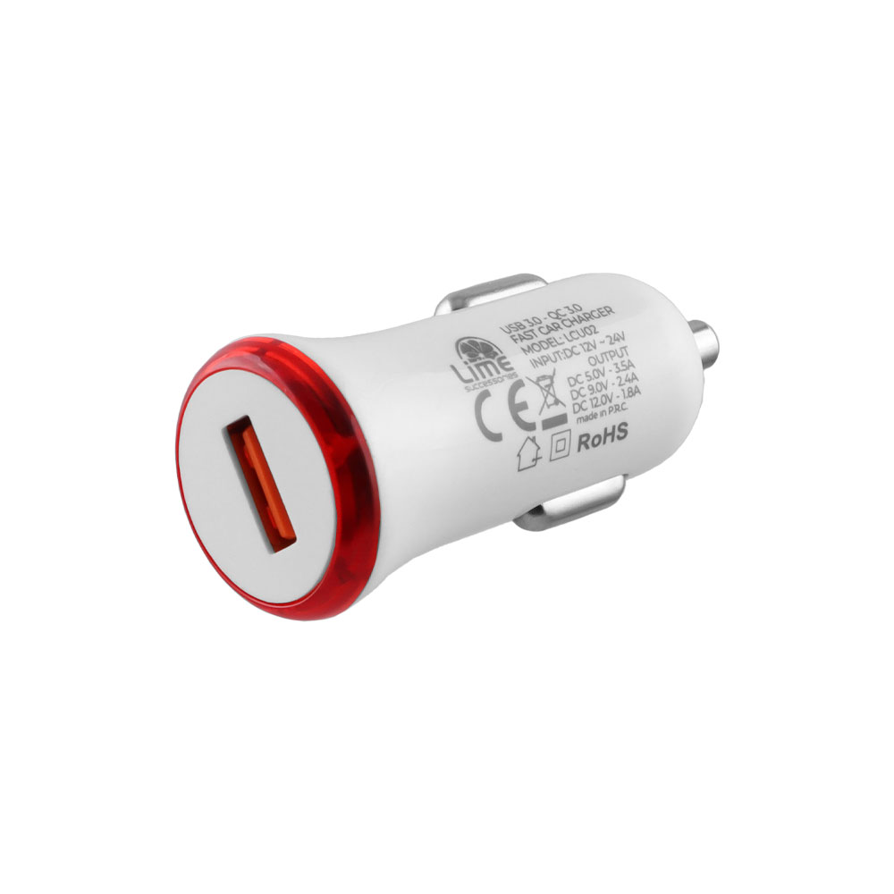 LIME ΦΟΡΤΙΣΤΗΣ ΑΥΤΟΚΙΝΗΤΟΥ USB 3.0 FAST CAR CHARGER QC 3.0 LCU02 20W 5V-3.5A/9V-2.4A/12V-1.8A WHITE