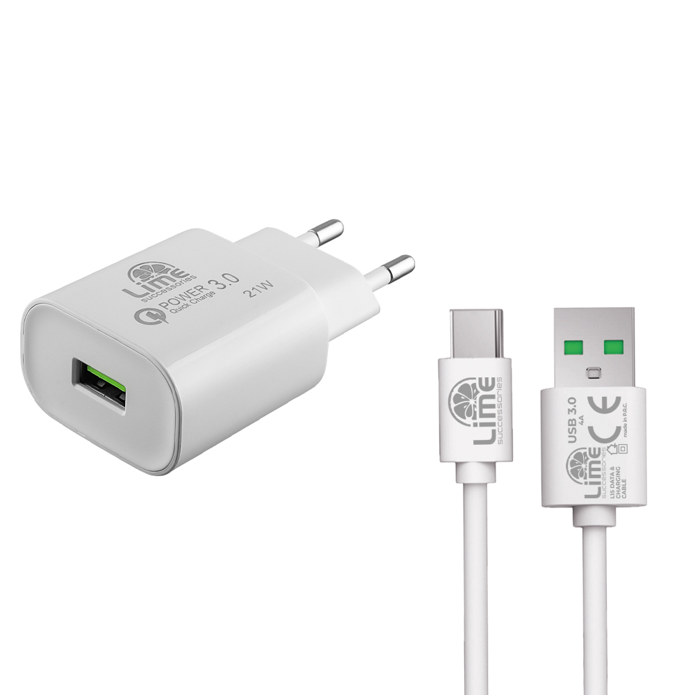 LIME USB-A 3.0 PD FAST TRAVEL QC 3.0 LTU25 4.0A 21W + ΚΑΛΩΔΙΟ ΦΟΡΤΙΣΗΣ-DATA L15 USB-C WHITE