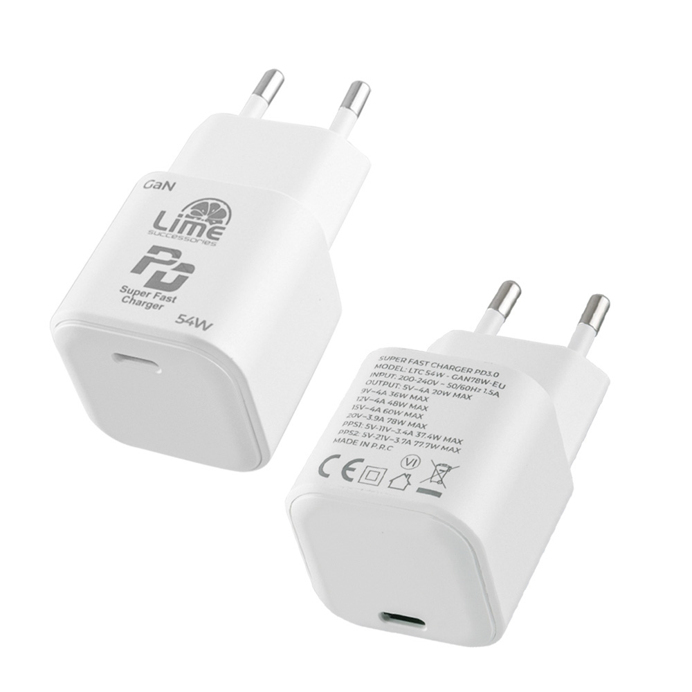 LIME TYPE C GAN PD 3.0 SUPER FAST TRAVEL LTC54W 5V 4.0A/9V 4.0A/ 12V 3.5A/ 15V 3.33A/ 20V 2.7A 54W WHITE