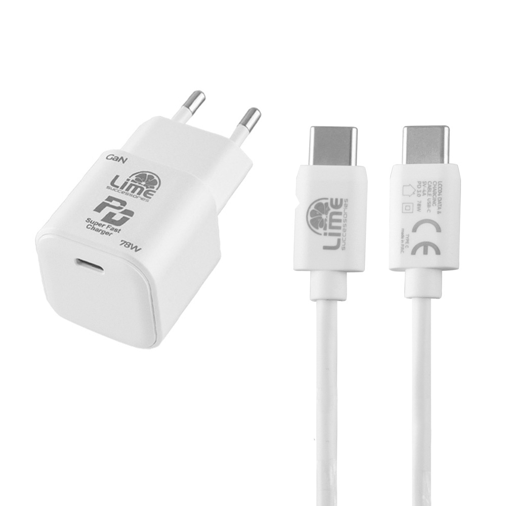 LIME USB-C GAN PD 3.0 SUPER FAST TRAVEL LTC78W 5V-15V 4.0A/ 20V 3.9A 78W+ ΦΟΡΤΙΣΗΣ-DATA LCC04 USB-C TO USB-C 78W WHITE