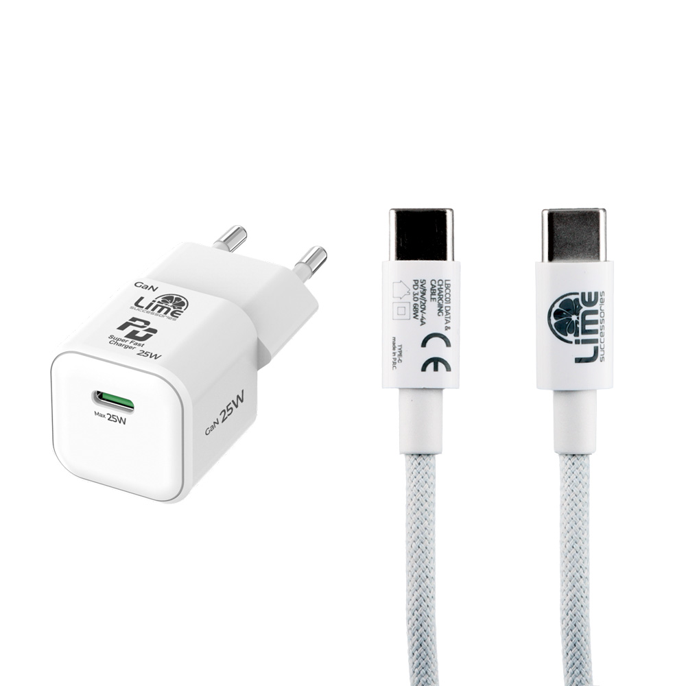 LIME USB-C MINI GAN PD 3.0 SUPER FAST TRAVEL LGC25W 5V 4.0A/ 9V 2.77A 25W+ BRAIDED ΦΟΡΤΙΣΗΣ-DATA LBCC01 USB-C TO USB-C 68W