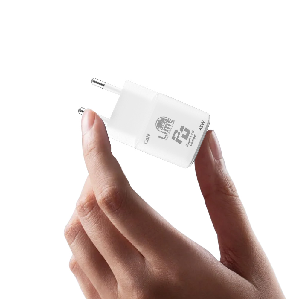 LIME TYPE C GAN PD 3.0 SUPER FAST TRAVEL QC 3.0 LGC45W 5V 4.0A /9V 4A/ 12V 3.75A/ 15V 3A/ 20V 2.25A 45W WHITE