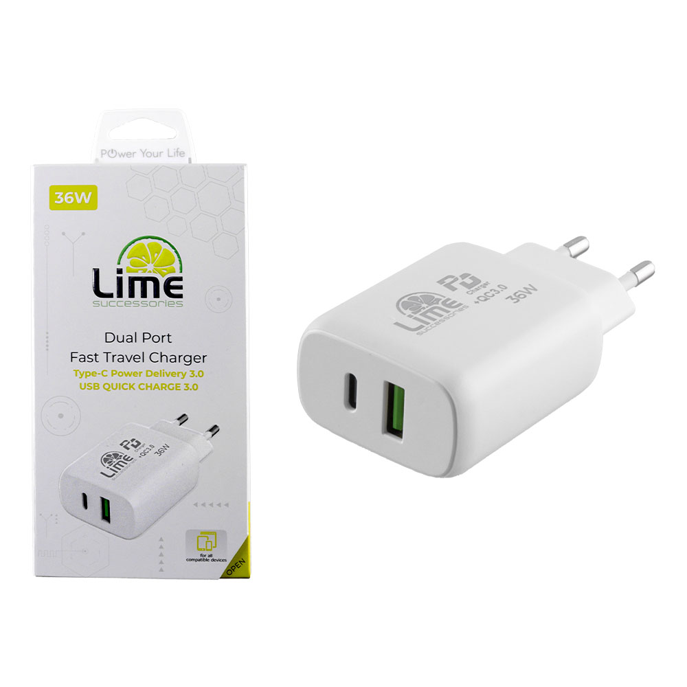 LIME USB-C PD 3.0 DUAL SUPER FAST TRAVEL LTC36W 4.0A 36W - USB-A QC 3.0 21W max 36W WHITE