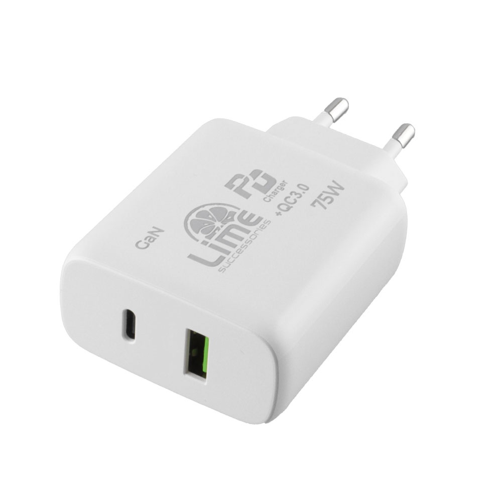 LIME USB-C GAN PD 3.0 DUAL SUPER FAST TRAVEL LTC75W 4.0A PD 54W + USB-A QC 3.0 21W TOTAL 75W WHITE