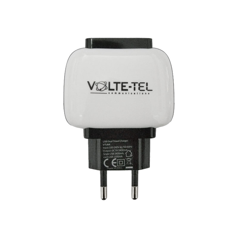 VOLTE-TEL USB DUAL TRAVEL CHARGER VTU64 2.4A 12W WHITE-BLACK