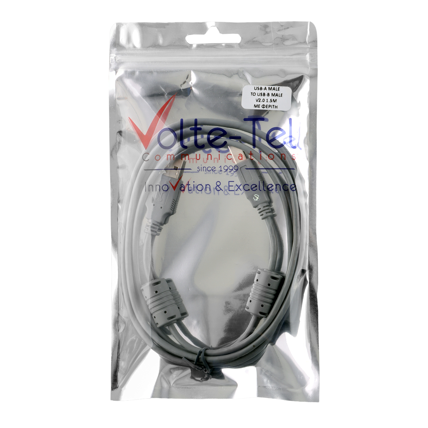 VOLTE-TEL ΚΑΛΩΔΙΟ Η/Υ USB-A MALE TO USB-B MALE V2.0 1.5m ME ΦΕΡΙΤΗ GREY