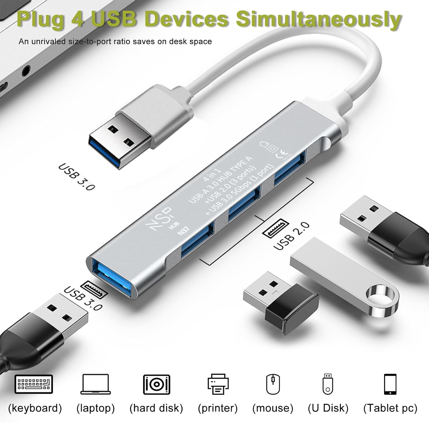 NSP N37 4 IN 1 USB-A 3.0 HUB TYPE A+USB 2.0 (3 ports) + USB 3.0 5Gbps (1 port) ALUMINIUM