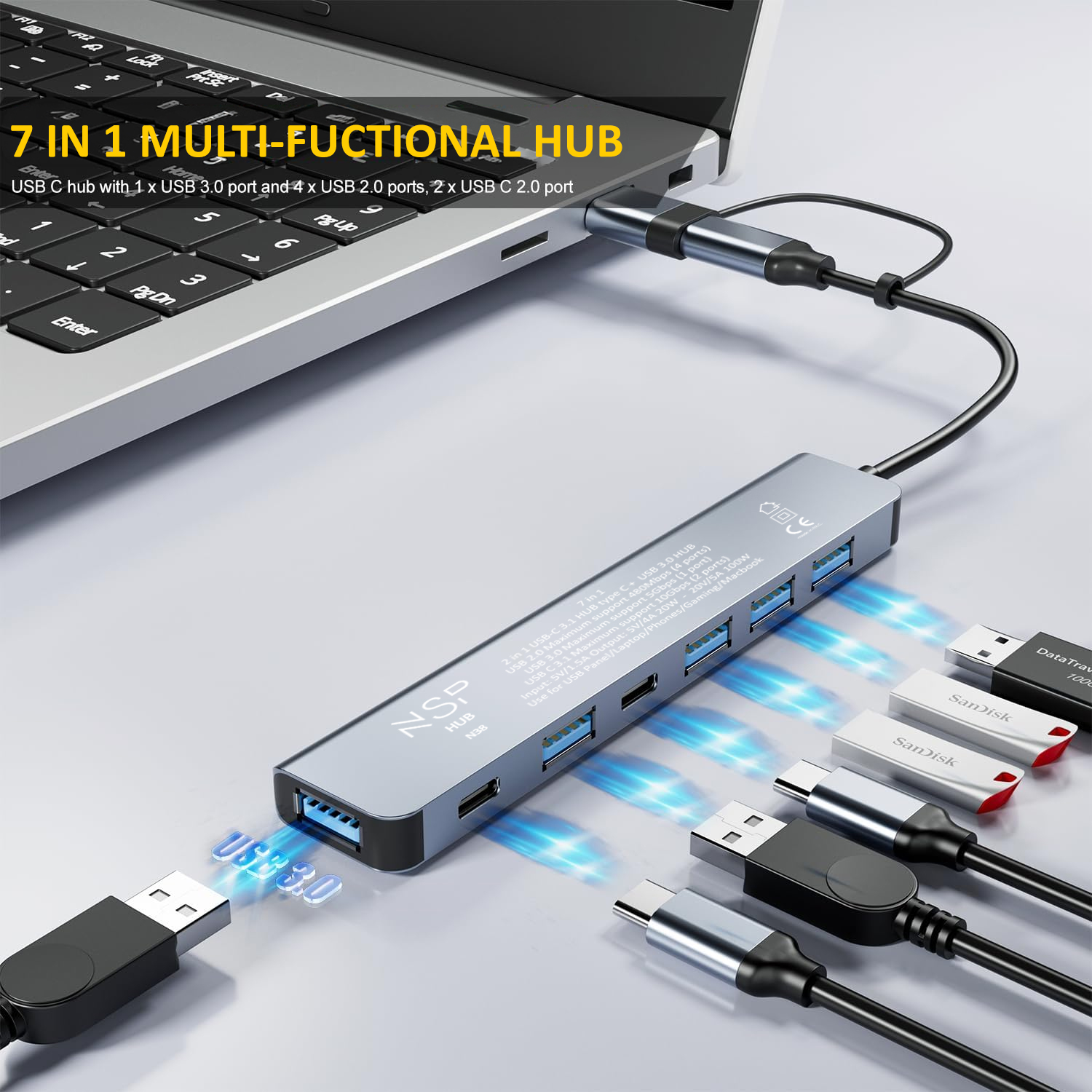 NSP N38 7IN1 HUB WITH DUAL USB-C/USB-A+OTG CONNECTOR USB C 3.1 10Gbps (2ports)+USB 3.0 5Gbps +USB 2.0 480Mbps (4port) ALUMINIUM