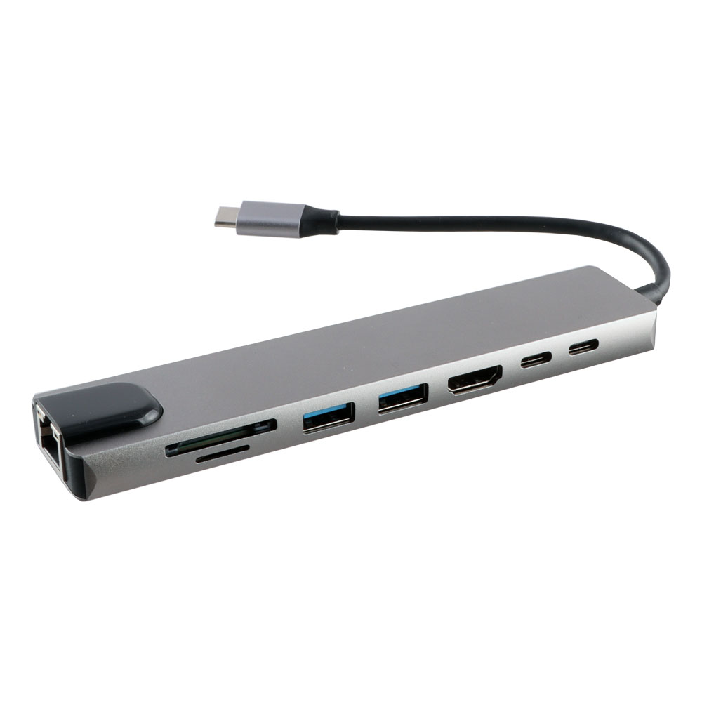 NSP N14 8 IN 1 USB-C HUB TYPE C TO HDMI 4K 30HZ/2 USB 480Mbps/PD 87W/USB C/F / SD/TF USB 2.0 /RJ45 100Mbps ALU GREY